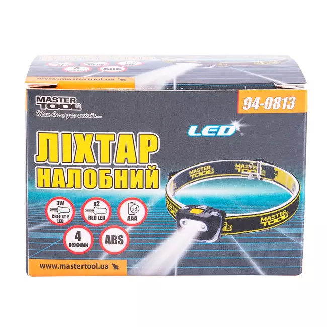 Фонарь налобный MASTER TOOL 4 режима, 55*35*40 мм, CREE XT-E WHITE LED + 2 x RED LED (94-0813)