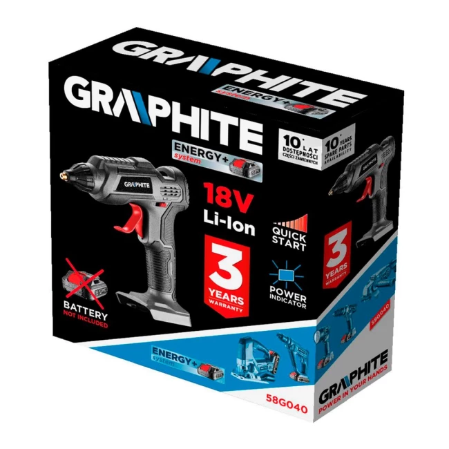 Пистолет клеевой аккумуляторный GRAPHITE Energy+ 18 В, Li-Ion, без аккумулятора (58G040)