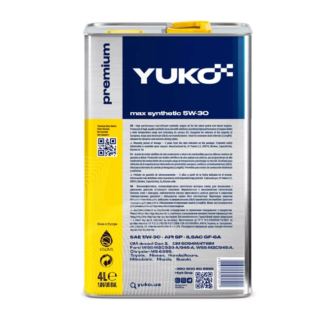 Моторное масло YUKO MAX SYNTHETIC A&A 5W-30 SP 4л (4823110401521)