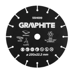 Ріжучий диск GRAPHITE HM для дерева та пластику 230 х 22,2 мм