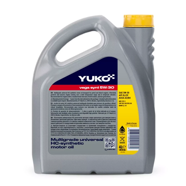 Моторное масло YUKO VEGA SYNT 5W-30 SL/CF 4л (4823110401460)