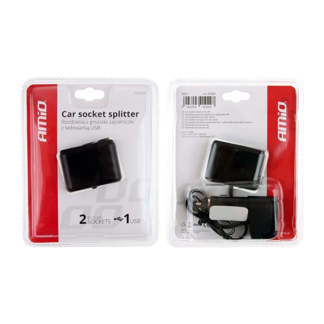 Розгалужувач прикурювача AMiO SOC1 3+1 USB (01029)