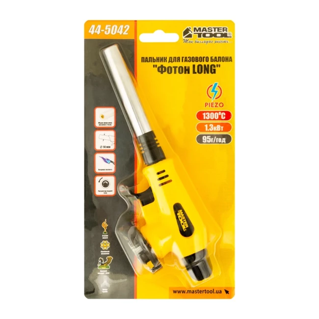 Горелка для газового баллона Mastertool "Фотон LONG" пьезоподжиг 1300°С (44-5042)
