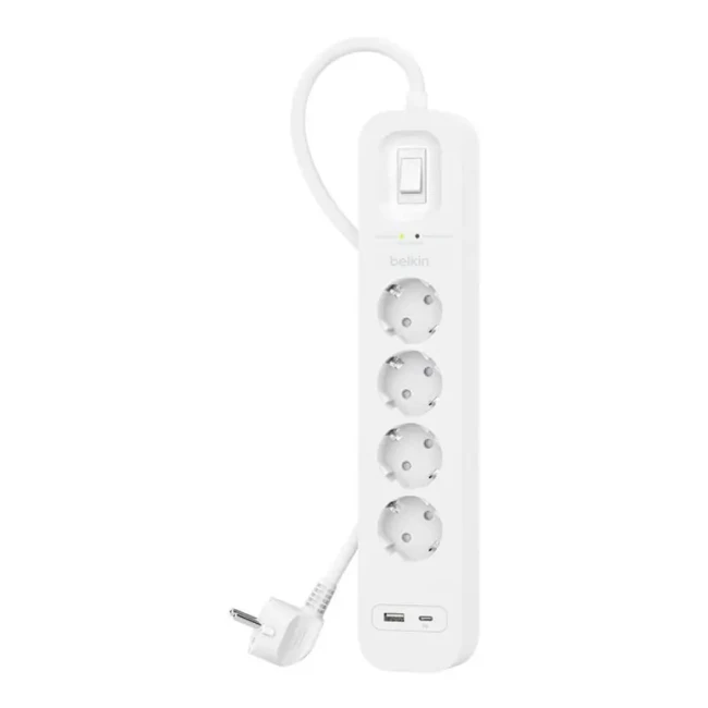 Удлинитель-фильтр сетевой Belkin 4хТип F 3x1.5мм кв 16А USB-A/USB-C 18Вт 2м белый (SRB001VF2M)