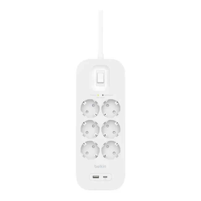 Удлинитель-фильтр сетевой Belkin 6хТип F 3x1.5мм кв 16А USB-A/USB-C 18Вт 2м белый (SRB002VF2M)