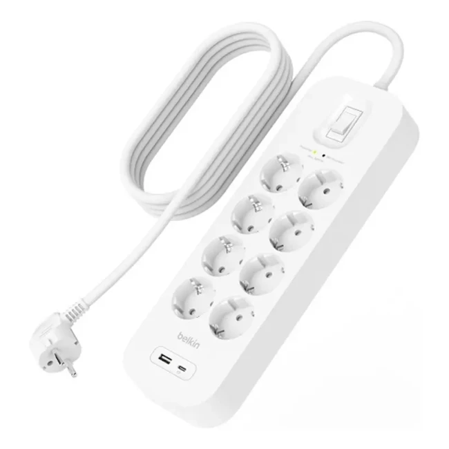 Удлинитель-фильтр сетевой Belkin 8хТип F 3x1.5мм кв 16А USB-A/USB-C 18Вт с защитой  2м белый (SRB003VF2M)