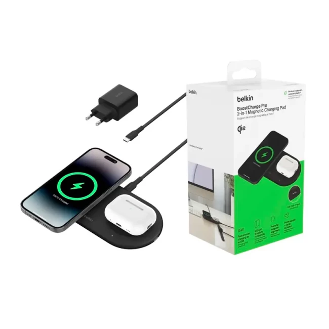 Зарядное устройство беспроводное Belkin 2в1 15Вт Pad Qi2 черное (WIZ021VFBK)