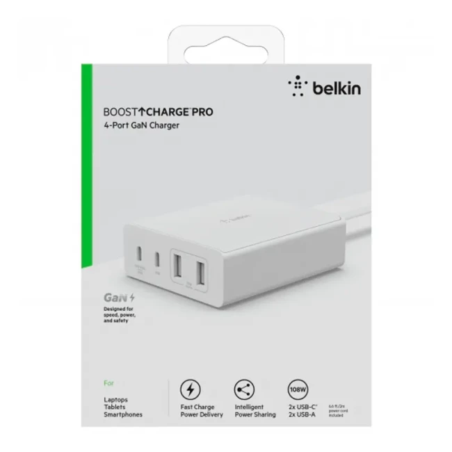 Зарядное устройство сетевое Belkin 108Вт 2хUSB-С GAN PD PPS/2хUSB-A белый (WCH010VFWH)