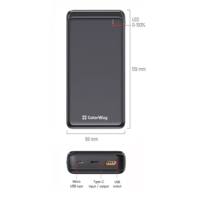 Внешний акамулятор ColorWay Slim 20000mAh Black (CW-PB200LPG3BK-PD)
