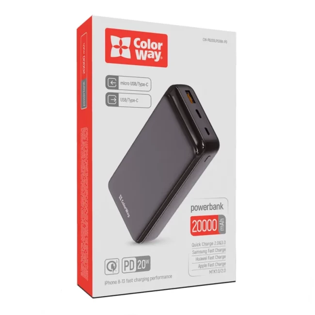 Внешний акамулятор ColorWay Slim 20000mAh Black (CW-PB200LPG3BK-PD)
