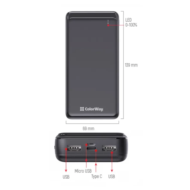 Внешний аккумулятор ColorWay Slim 20000mAh Black (CW-PB200LPD2BK)