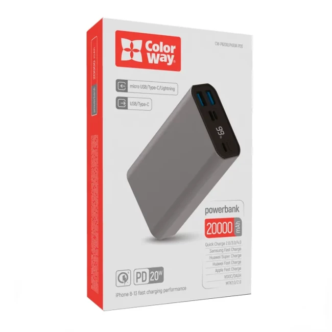 Универсальная мобильная батарея ColorWay 20000mAh Gray (CW-PB200LPH3GR-PDD)