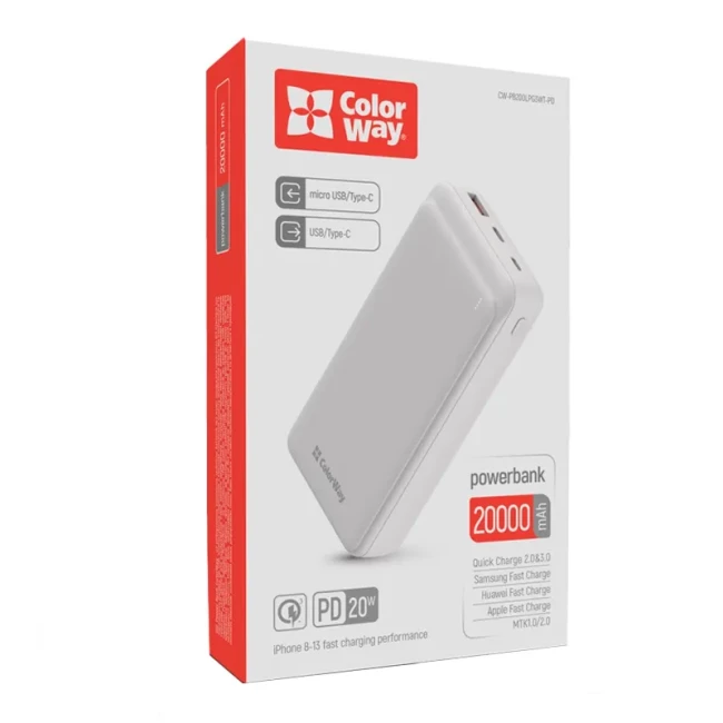 Универсальная мобильная батарея ColorWay Slim 20000mAh White (CW-PB200LPG3WT-PD)