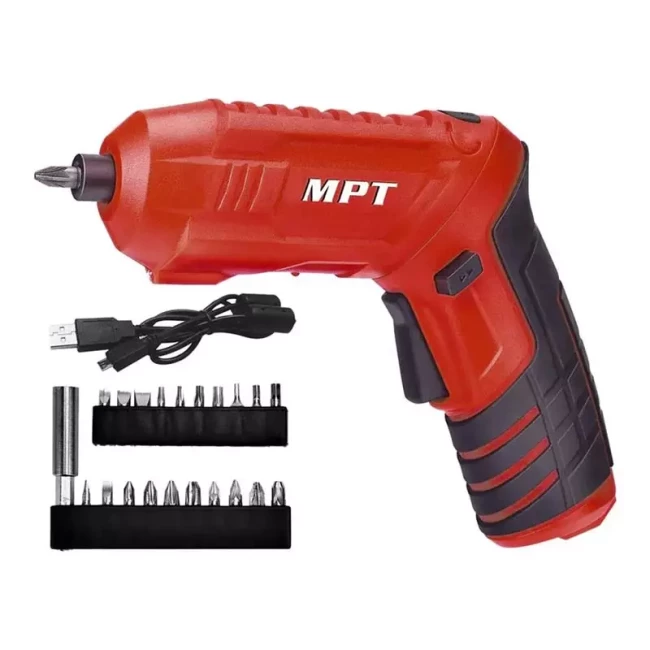 Аккумуляторная отвертка MPT поворотная + насадки 20 шт (MCSD4006.2) Аккумуляторная отвертка MPT поворотная + насадки 20 шт (MCSD4006.2)