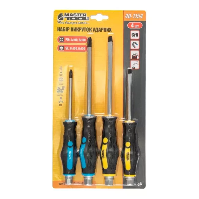 Викрутки ударні Master Tool EXTERNAL HEX набір 4 шт PH2*100/PH3*150/SL6*100/SL8*150 (40-1154)