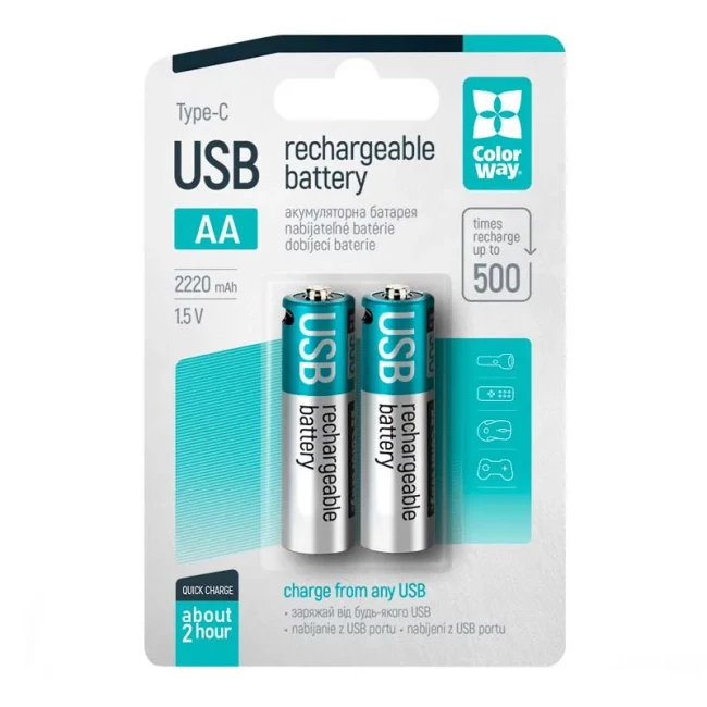 Аккумуляторная батарея USB-C ColorWay Li-Pol 2220 mAh 2шт (CW-UBAA-10) Аккумуляторная батарея USB-C ColorWay Li-Pol 2220 mAh 2шт (CW-UBAA-10)