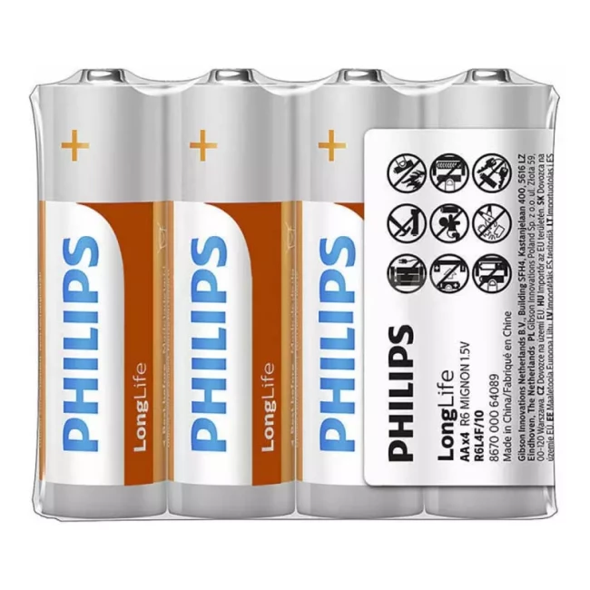 Батарейка PHILIPS LongLife угольно-цинковая 1,5V AA (R6L4F/10)