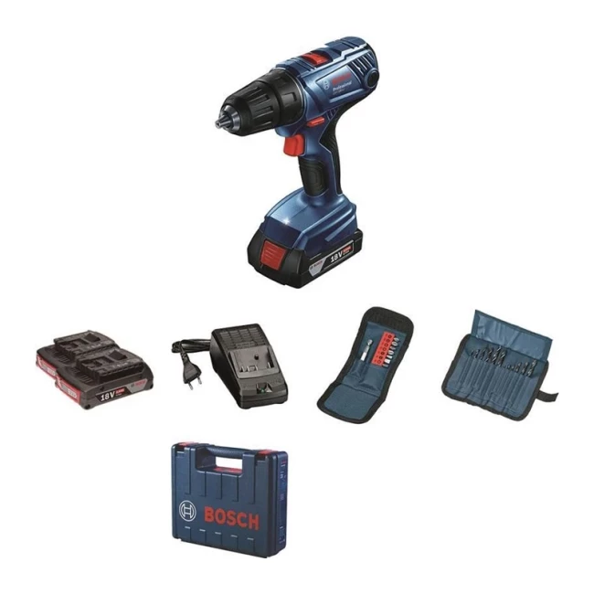 Шуруповерт-дрель Bosch GSR 180 LI + 2х2.0 Ah + набор бит 11 шт + набор сверл 12 шт (0.601.9F8.10A)