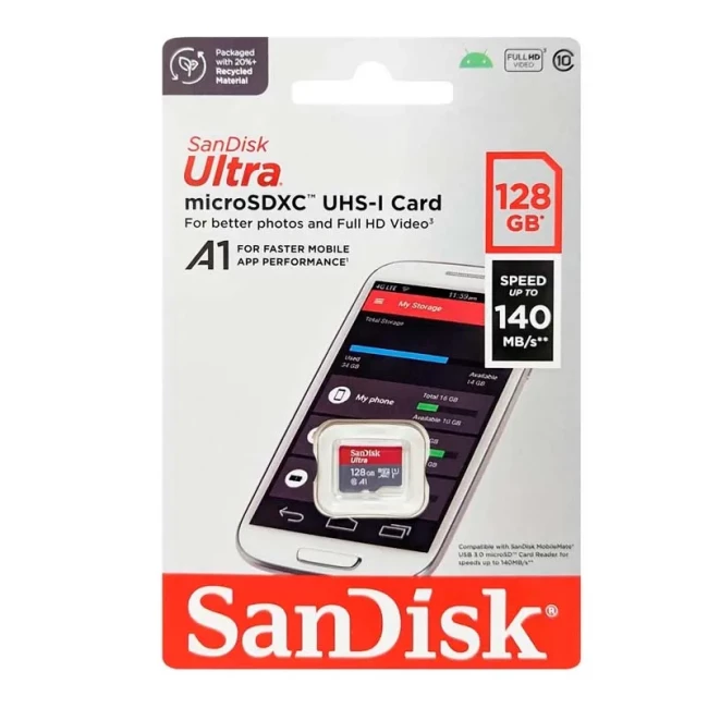 Карта памяти SanDisk microSD 128GB C10 UHS-I R140MB/s Ultra (SDSQUAB-128G-GN6MN)