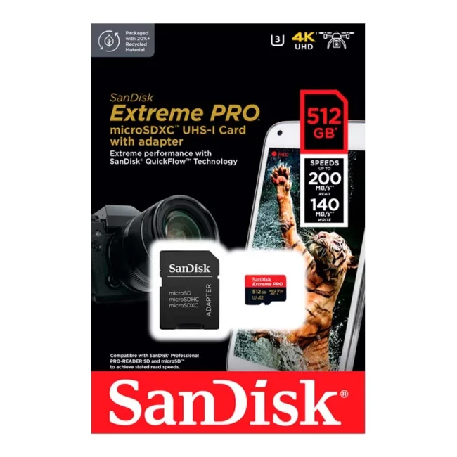 Карта памяти SanDisk microSD 512GB C10 UHS-I U3 R200/W140MB/s Extreme Pro V30 + SD (SDSQXCD-512G-GN6MA)