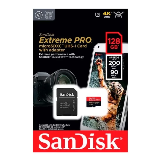 Карта памяти SanDisk microSD 128GB C10 UHS-I U3 R200/W90MB/s Extreme Pro V30 + SD (SDSQXCD-128G-GN6MA)