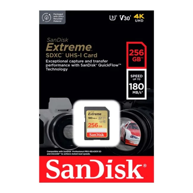 Карта памяти SanDisk SD 256GB C10 UHS-I U3 R180/W130MB/s Extreme V30 (SDSDXVV-256G-GNCIN)