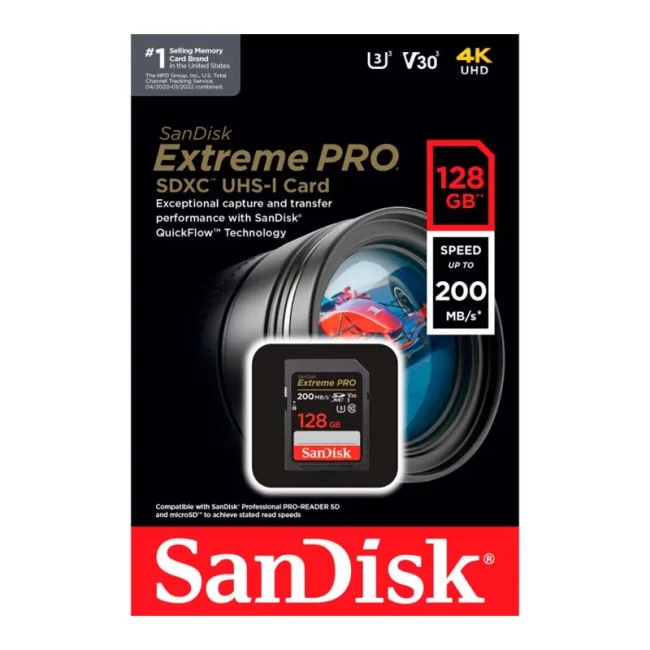 Карта памяти SanDisk SD 128GB C10 UHS-I U3 R200/W90MB/s Extreme Pro V30 (SDSDXXD-128G-GN4IN)