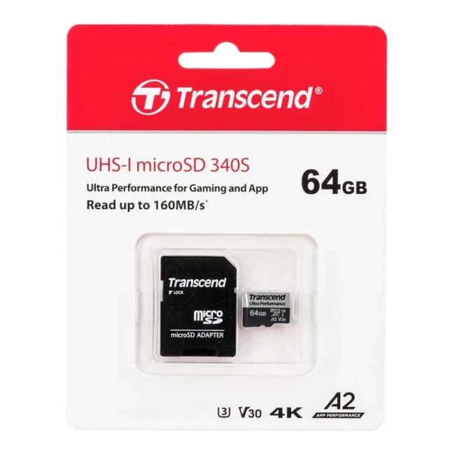 Карта памяти Transcend microSD 64GB C10 UHS-I U3 A2 R160/W80MB/s + SD (TS64GUSD340S)