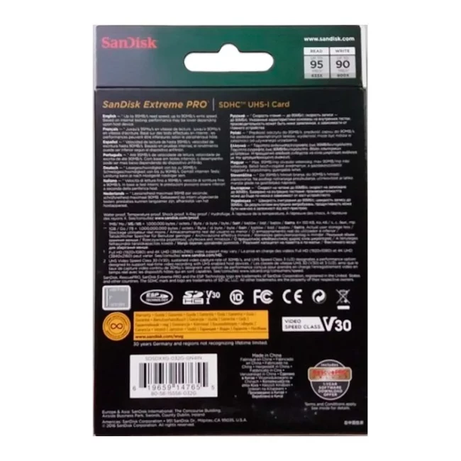 Карта памяти SanDisk SD 32GB C10 UHS-I U3 R100/W90MB/s Extreme Pro V30 (SDSDXXO-032G-GN4IN)