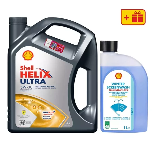 Моторное масло Shell Helix Ultra 5W-30, 4 л + Омыватель стекла Shell Winter Screenwash 1 л (ТОВ-У512751)