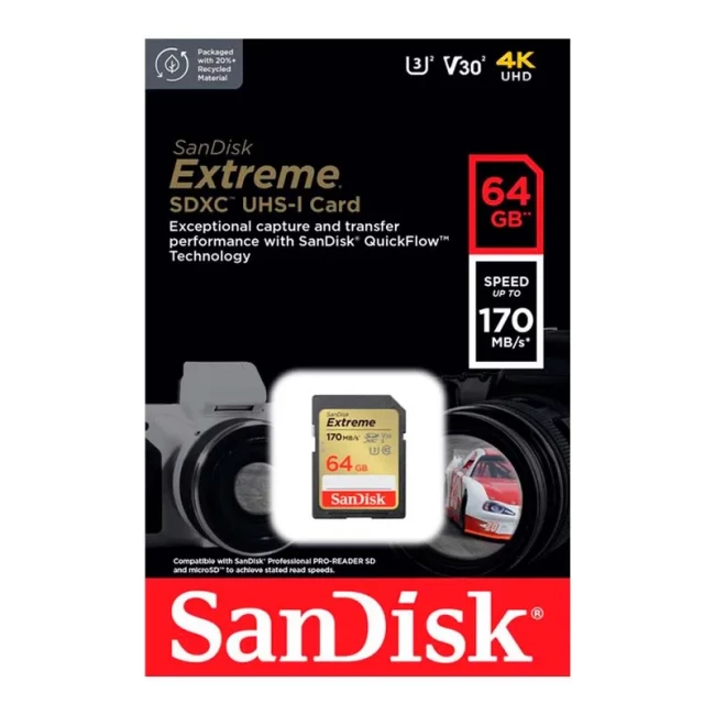 Карта памяти SanDisk SD 64GB C10 UHS-I U3 R170/W80MB/s Extreme V30 (SDSDXV2-064G-GNCIN)