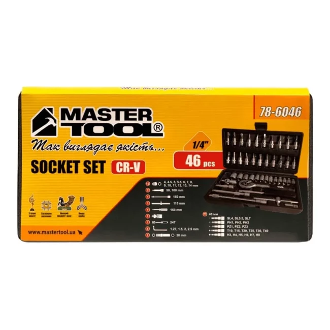 Набор насадок торцевых CrV 1/4” с трещоткой Mastertool, 46шт в кейсе (78-6046)