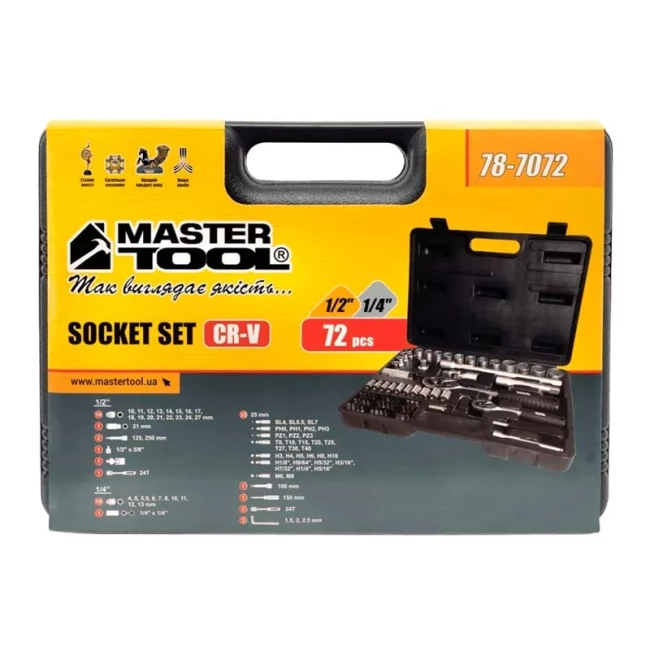 Набор насадок торцевых CRV 1/4" и 1/2" с трещоткой Mastertool, 72шт в кейсе (78-7072)