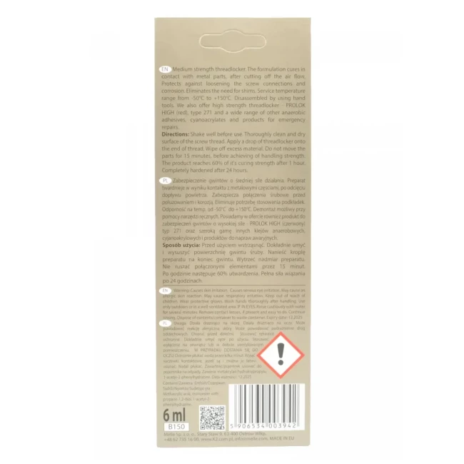 Фіксатор різьбових з'єднань K2 BOND PROLOK W243 MEDIUM STRENGTH 6мл (B150)