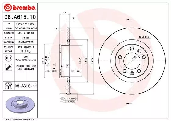 Brembo 08.A615.11 Гальмівні диски