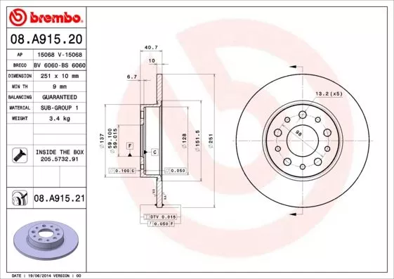 Brembo 08.A915.21 Гальмівні диски