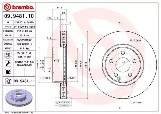 BREMBO 09.9481.11 Тормозные диски