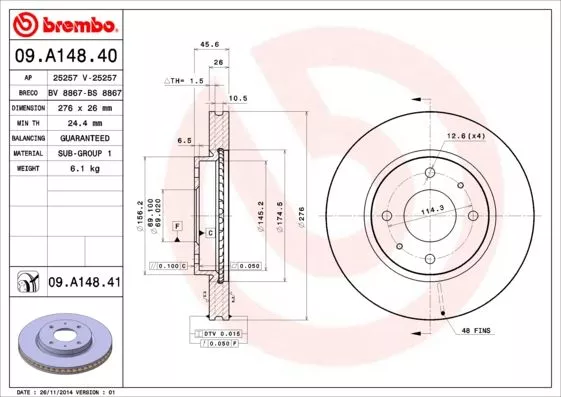 BREMBO 09.A148.40 Тормозные диски