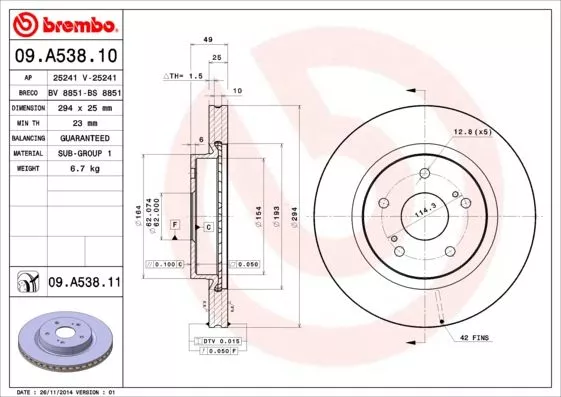 BREMBO 09.A538.10 Гальмівні диски