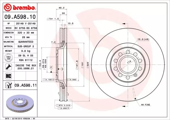 Brembo 09.A598.11 Гальмівні диски