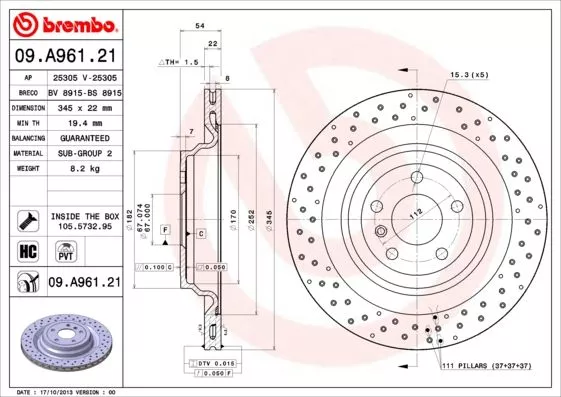 Brembo 09.A961.21 Гальмівні диски